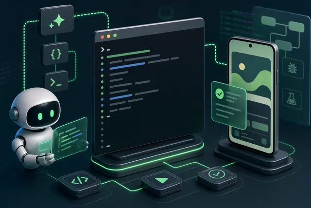 Illustration representing Google Android CLI enabling AI coding agents to interact with Android Studio tools