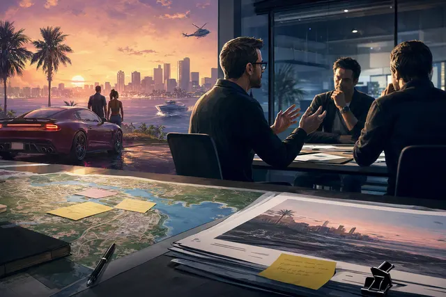 Editorial illustration representing Grand Theft Auto 6 multiplayer and livestreaming