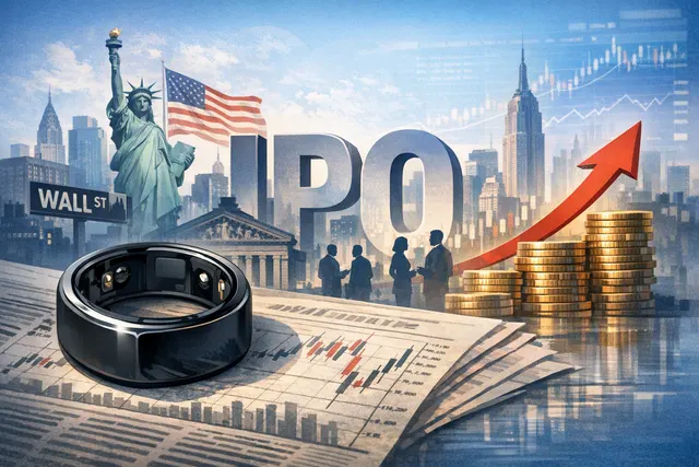 Illustration of an Oura smart ring beside charts representing a potential U.S. IPO