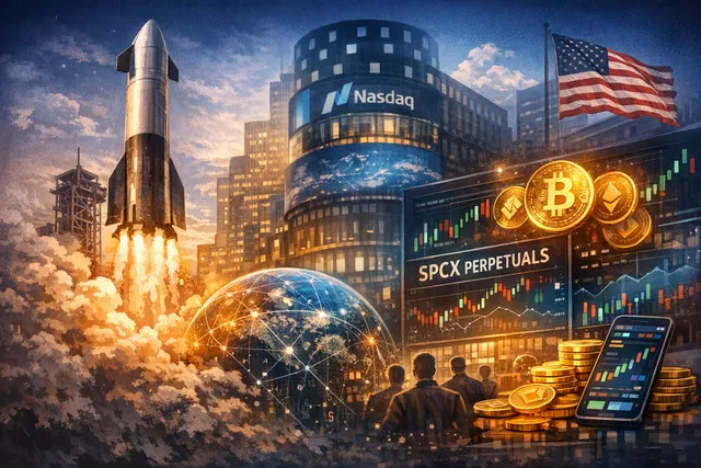 A crypto-native pre-IPO derivatives market dashboard showing the SpaceX SPCX perpetual futures ticker with price charts, valuation metrics, and a regulatory warning symbol.