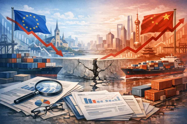 EU and Chinese flags with shipping containers and graphs showing declining European market share