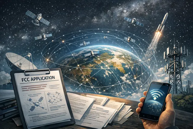 Illustration of Amazon Leo satellites in low Earth orbit providing direct-to-device connectivity to a smartphone