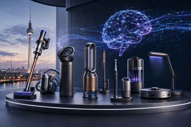 Editorial illustration of Dyson’s AI-powered home and personal-care device lineup announced at IFA 2026