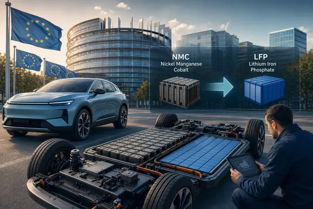 Illustration of an electric vehicle battery and a car, representing Stellantis’ planned shift to LFP batteries.