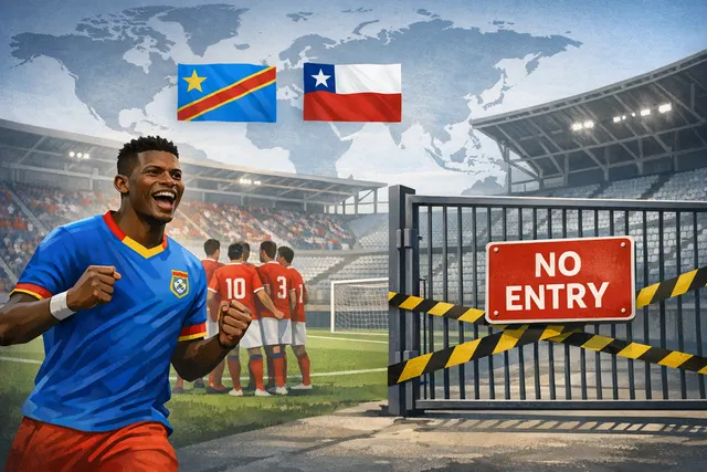 DR Congo national football team players during a warm-up session, with a map of the relocated World Cup friendly from Spain to France in the foreground.