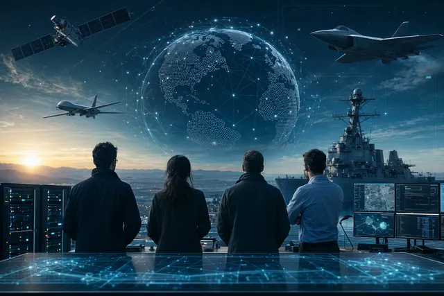 Concept illustration of multimodal AI analyzing multiple defense sensors in real time