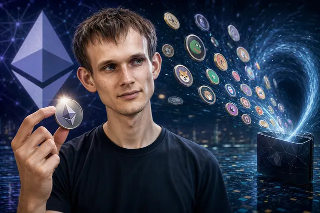 AI-generated editorial illustration of a crypto wallet being checked against claims about Vitalik Buterin’s gifted altcoin sales