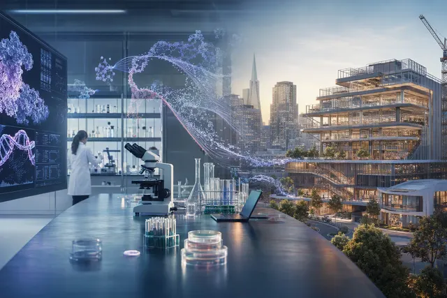Editorial illustration of AI-assisted life-science research in a modern laboratory