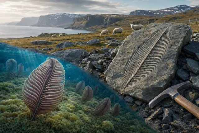 What is the significance of the roughly 560 million year old Charnia fossil discovered in a sheep field in Finnmark, Norway, including what