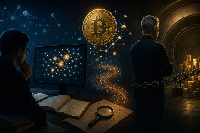 Illustration of bitcoin wallet connections and transaction flows representing blockchain tracking of Strategy-linked holdings