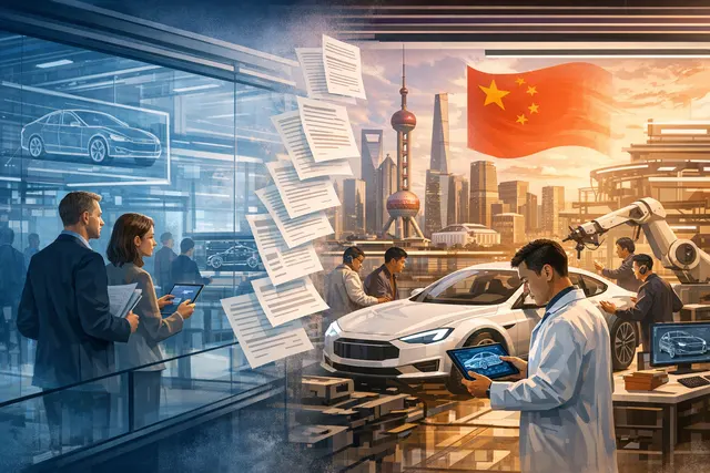 AI-generated editorial image showing a blend of Chinese cityscape and automotive engineering motifs, representing the shift of vehicle development to Chinese teams.
