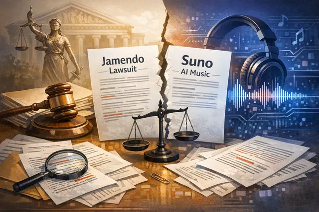 Abstract digital illustration representing a legal battle between music platforms and AI companies, with gavel and musical notes