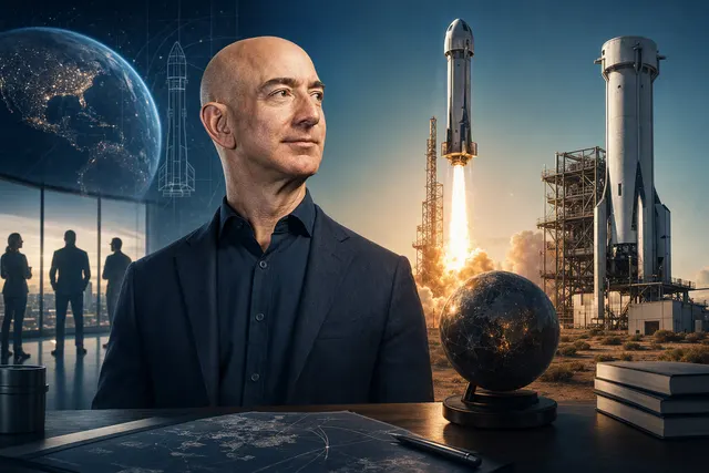 AI-generated editorial illustration accompanying an article on Blue Origin’s funding and spaceflight plans