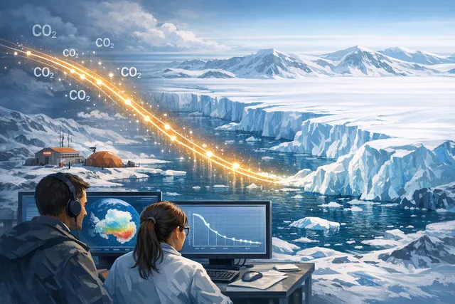 3D rendering of a fractured Antarctic ice sheet shelf with glowing CO₂ particles and a supercomputer simulation interface overlay, visualizing the critical 240 ppm tipping point di