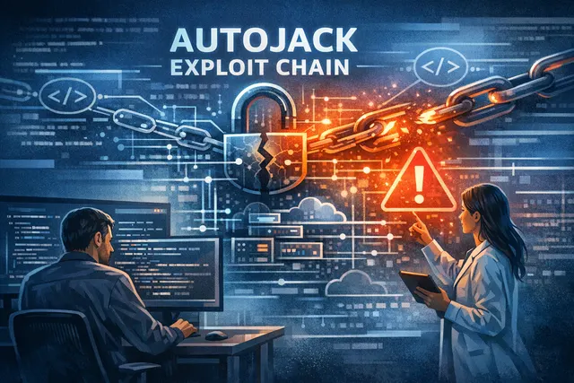 Abstract digital chain-link visualization symbolizing the AutoJack exploit chain from a malicious webpage through an AI agent to host-level remote code execution.