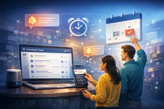 Abstract illustration of a calendar and AI task management interface representing ChatGPT's new Scheduled page and proactive assistant capabilities.