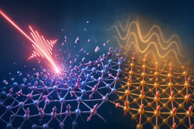 Illustration of a laser pulse triggering collective spin excitations in an antiferromagnetic material