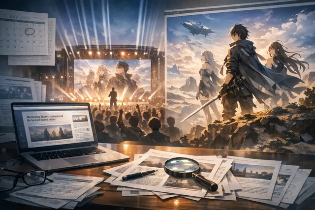 A stylized, cinematic illustration depicting the announcement of Wuthering Waves: Elysium with the Kuro Onroad logo, concert stage, and characters from Wuthering Waves in an atmosp