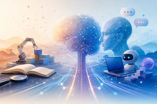 Abstract editorial illustration of artificial intelligence connecting data, models, and human-like tasks