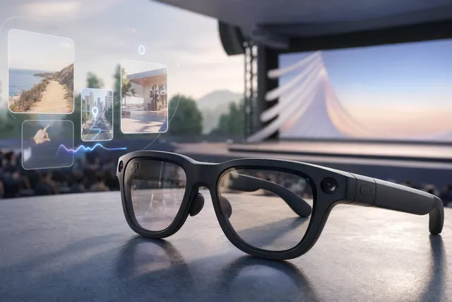 AI-generated concept illustration of Android XR smart glasses with floating Google-style interface elements.