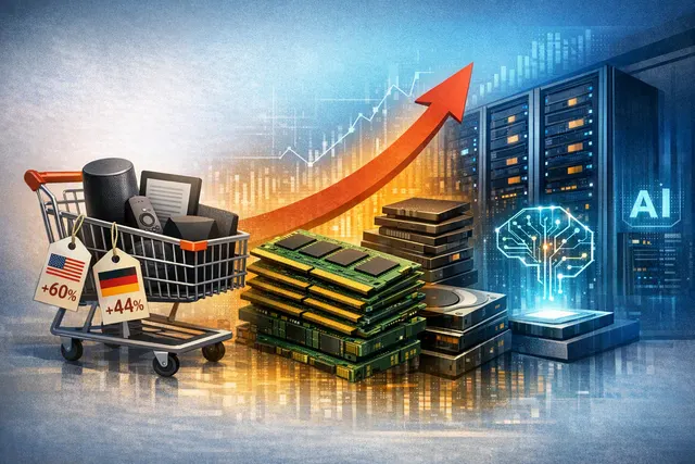Editorial illustration of Amazon Echo, Kindle and Fire TV devices beside memory chips representing AI-driven component shortages