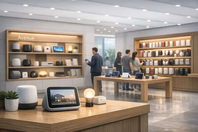 Illustration of a rumored Apple smart-home hub with a square display and speaker base in a modern home