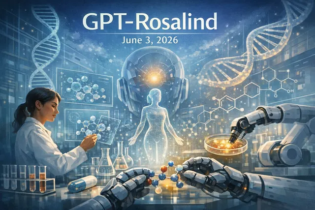 Abstract visualization of OpenAI's GPT-Rosalind life-sciences AI model analyzing molecular structures and genomic data for drug discovery