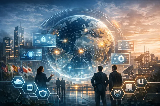 Conceptual illustration of AI-powered cybersecurity scanning global critical infrastructure for software vulnerabilities