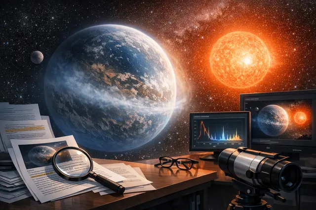Artist's impression of the exoplanet LHS 1140 b, a rocky super-Earth in the habitable zone of its red dwarf star, with a thin helium-rich atmosphere.