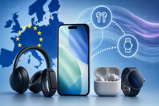 Illustration of an iPhone connecting to third-party earbuds and a smartwatch in the European Union
