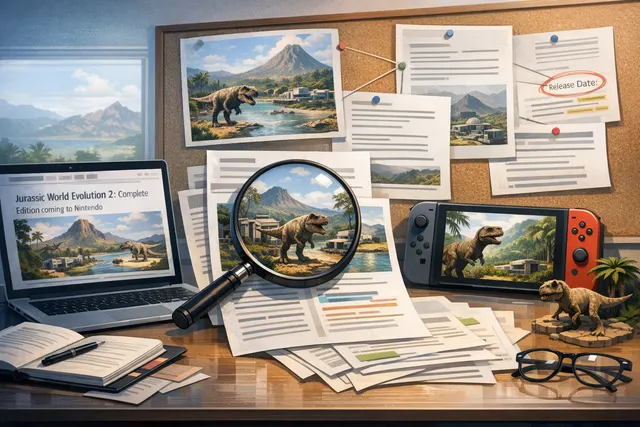 Jurassic World Evolution 2 dinosaurs roaming a park on a Nintendo Switch 2 screen, representing the Complete Edition announcement