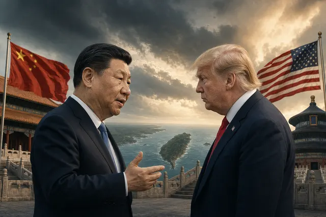 Illustration of US and Chinese leaders discussing Taiwan during a high‑stakes summit in Beijing