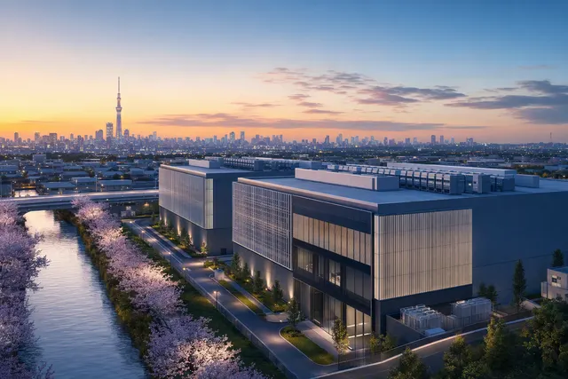 Illustration of a modern hyperscale data centre representing Tokyo Data Centre 4 and Tokyo Data Centre 5