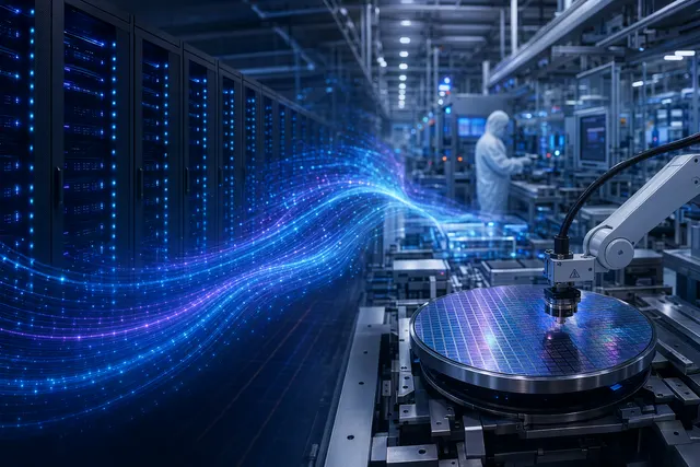 Illustration of AI infrastructure powering semiconductor manufacturing with digital twins and data analytics