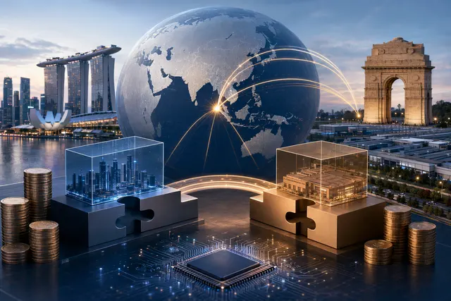 Illustration of global AI infrastructure and semiconductor manufacturing linked to Foxconn investments