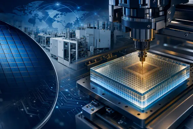 Illustration representing glass-core substrates and advanced packaging for AI chips