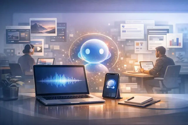 Illustration of Meta AI on a Mac analyzing a shared screen and assisting with voice dictation and business tasks