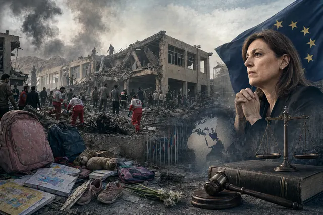 AI-generated editorial illustration of a damaged Minab school and calls for a war-crimes probe