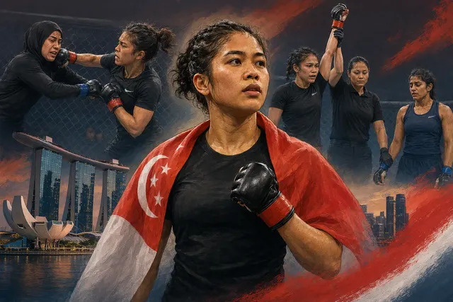 AI-generated editorial illustration accompanying Tiffany Teo’s Asian Games MMA story