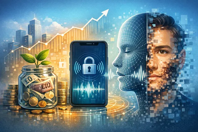 Voxmind voice biometrics and deepfake detection technology visualization with sound waves and digital security motifs
