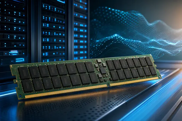 Illustration of a high-density DDR5 server memory module for AI data centers