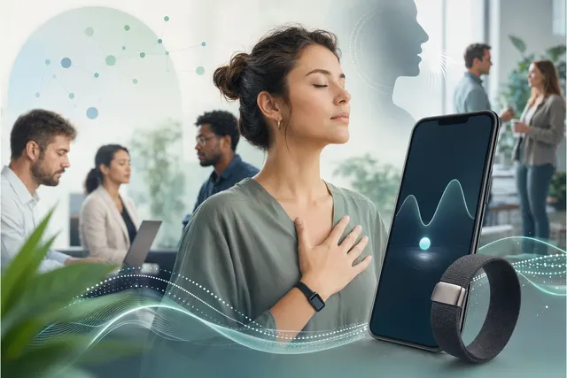 Editorial illustration representing workplace breathwork and focus improvement using a digital wellness app