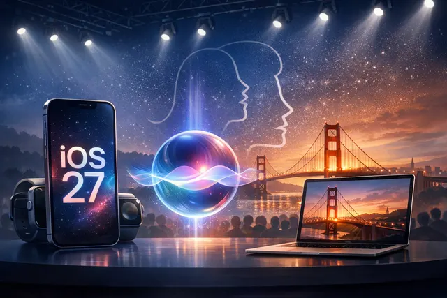Apple WWDC 2026 keynote logo on a dark background with iOS 27, rebuilt Siri, and macOS Golden Gate text