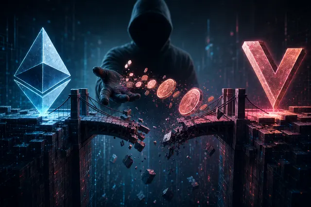 Illustration of a blockchain bridge exploit showing funds moving from a smart contract to an attacker wallet