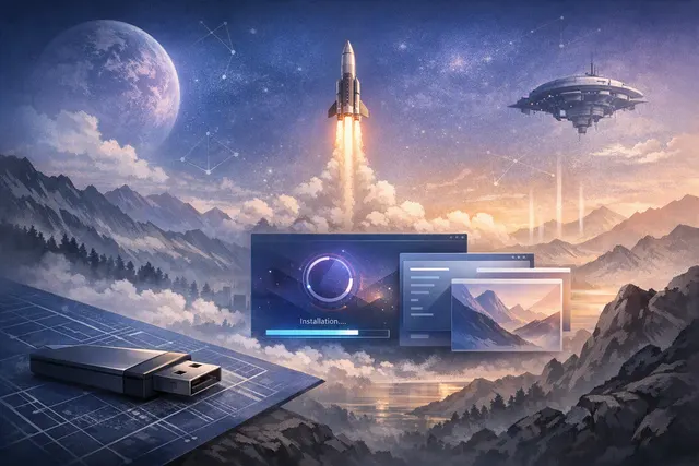 Editorial illustration representing EndeavourOS Titan Nova, a Linux distribution ISO refresh bridging development to the Wayland-based Triton release