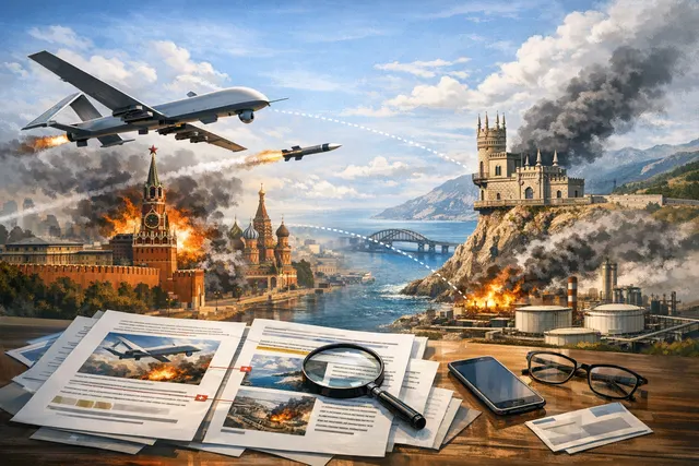 Drone strikes over Moscow skyline at night, with explosions and air defense tracers visible against the city lights, symbolizing Ukraine's intensified 2026 drone campaign.
