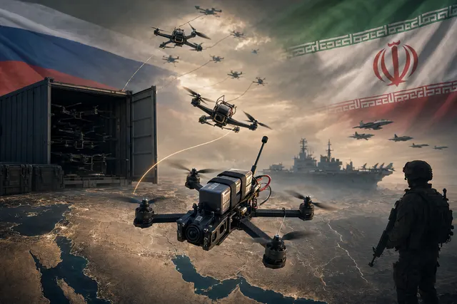 Illustration of fiber-optic drones over a Persian Gulf military scene with radar and naval silhouettes