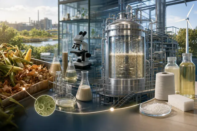Illustration of industrial bioprocessing for converting food-processing side-streams into circular polyester materials