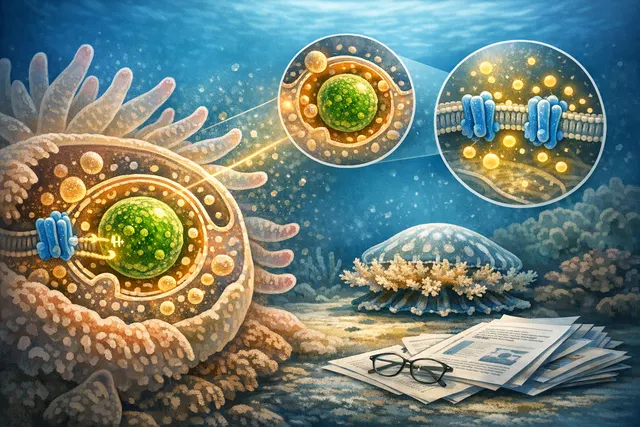Close-up of a coral polyp with visible symbiotic algae inside its tissues, representing the intracellular partnership being studied.