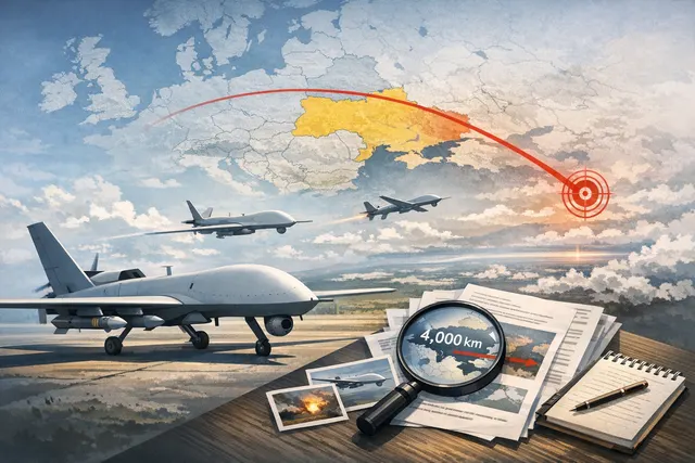 AI-generated editorial hero image for fact-checking Ukraine's long-range drone plans, showing a drone silhouette against a map of Ukraine with range circles radiating outward.